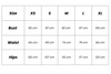 Measurement chart for clothing sizes XS to XL with bust, waist, and hips measurements.
